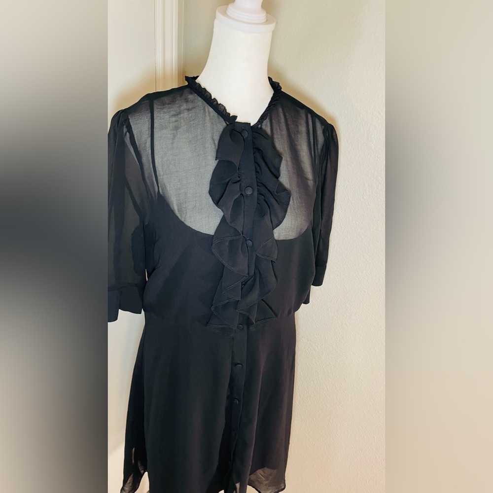 Zara Black Sheer Ruffle Front Short Sleeve Dress with Slip - Size L